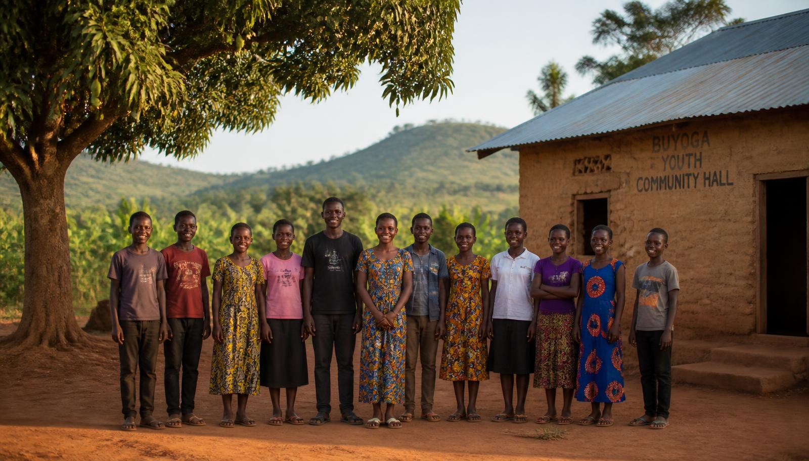 Diverse Ugandan adolescent girls and boys standing together outside a small-town youth community hall