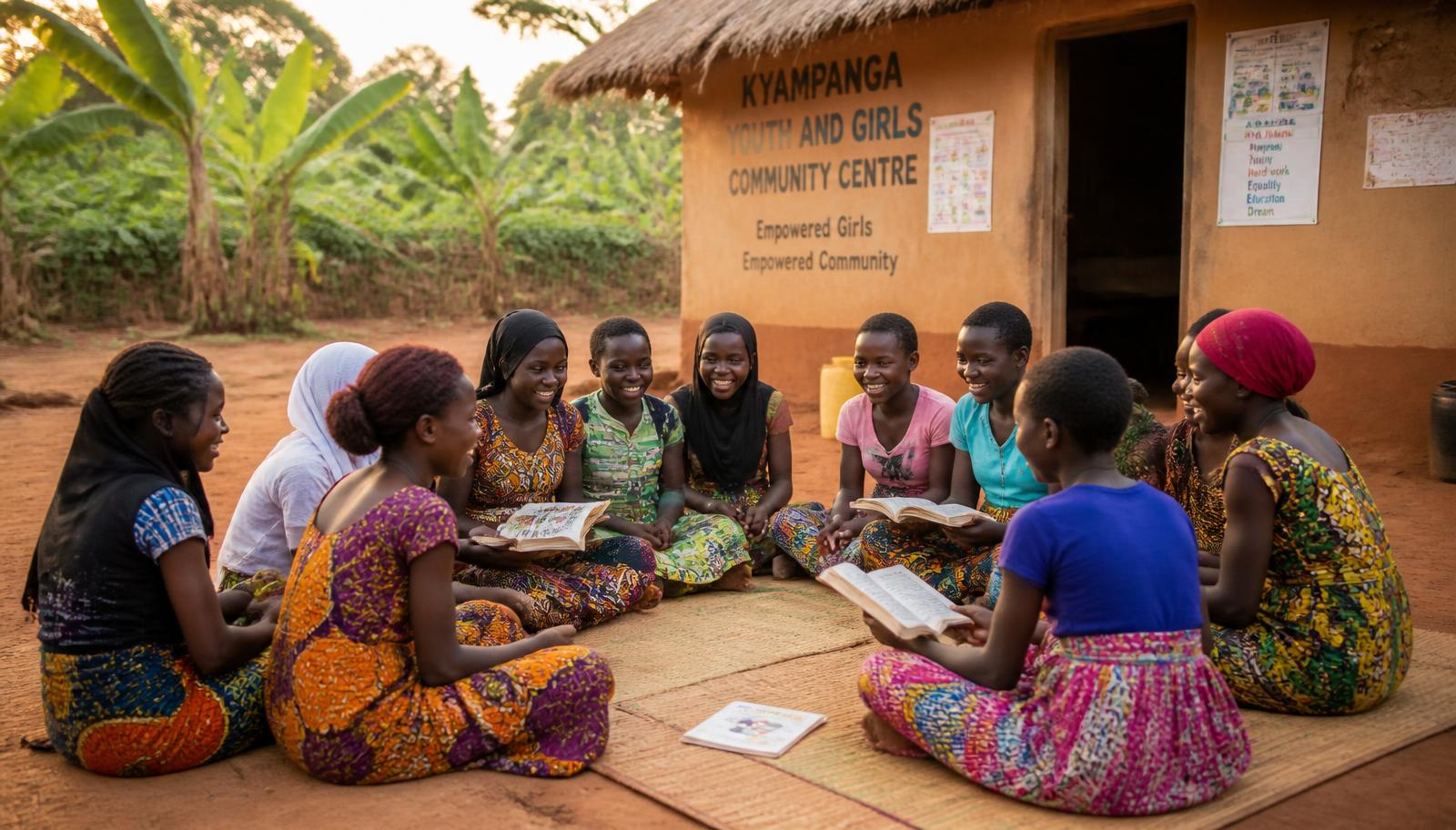 Rural Ugandan adolescent girls sitting on mats reading together at a village community centre