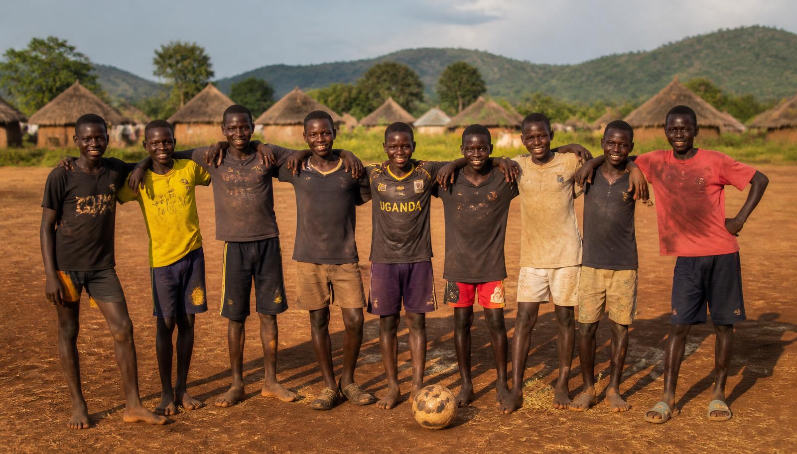 Rural Ugandan adolescent boys standing together on a village football pitch