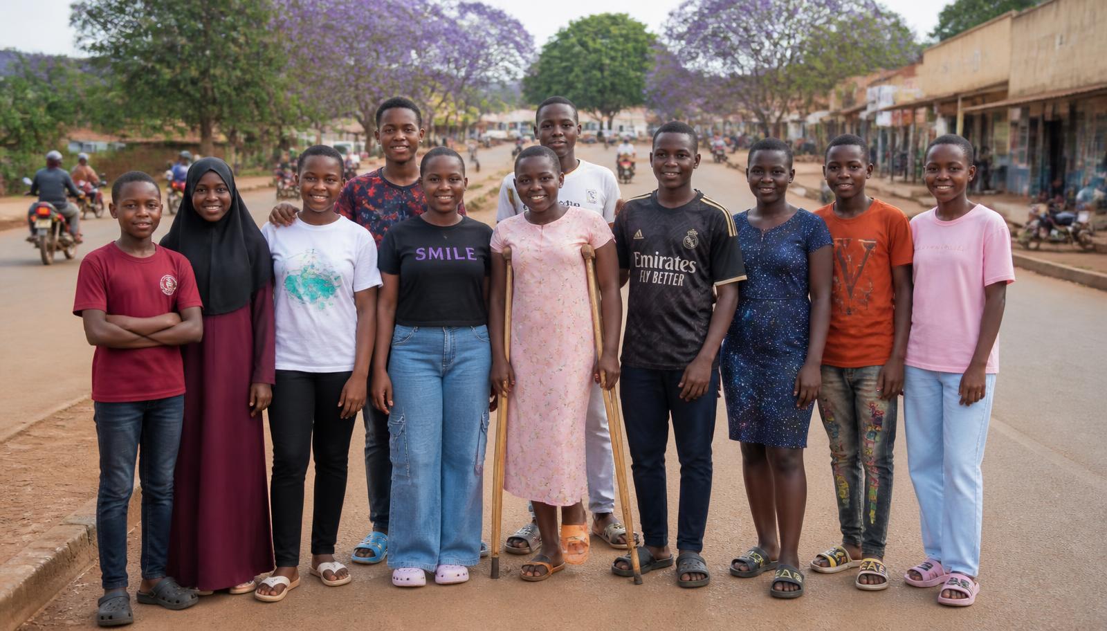Diverse Ugandan adolescents including a girl in a hijab and a girl on crutches standing on a small-town street