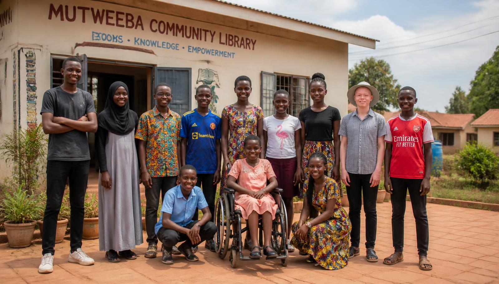 Diverse Ugandan adolescents including a young person using a wheelchair and a teen with albinism outside a community library