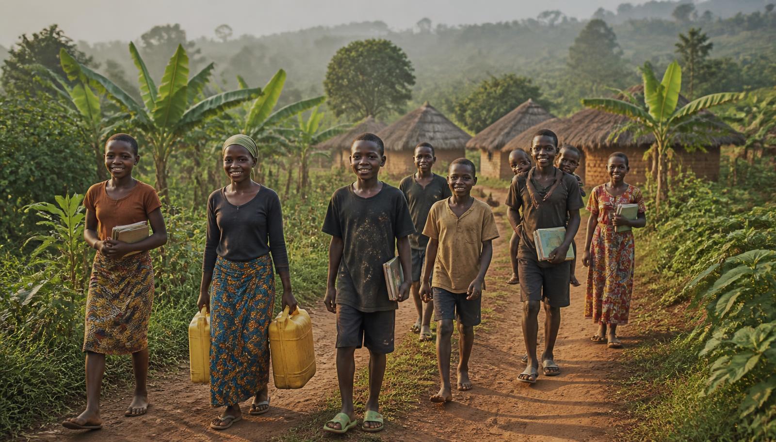 Deep rural Ugandan adolescents walking a red-earth path between banana gardens carrying water and schoolbooks