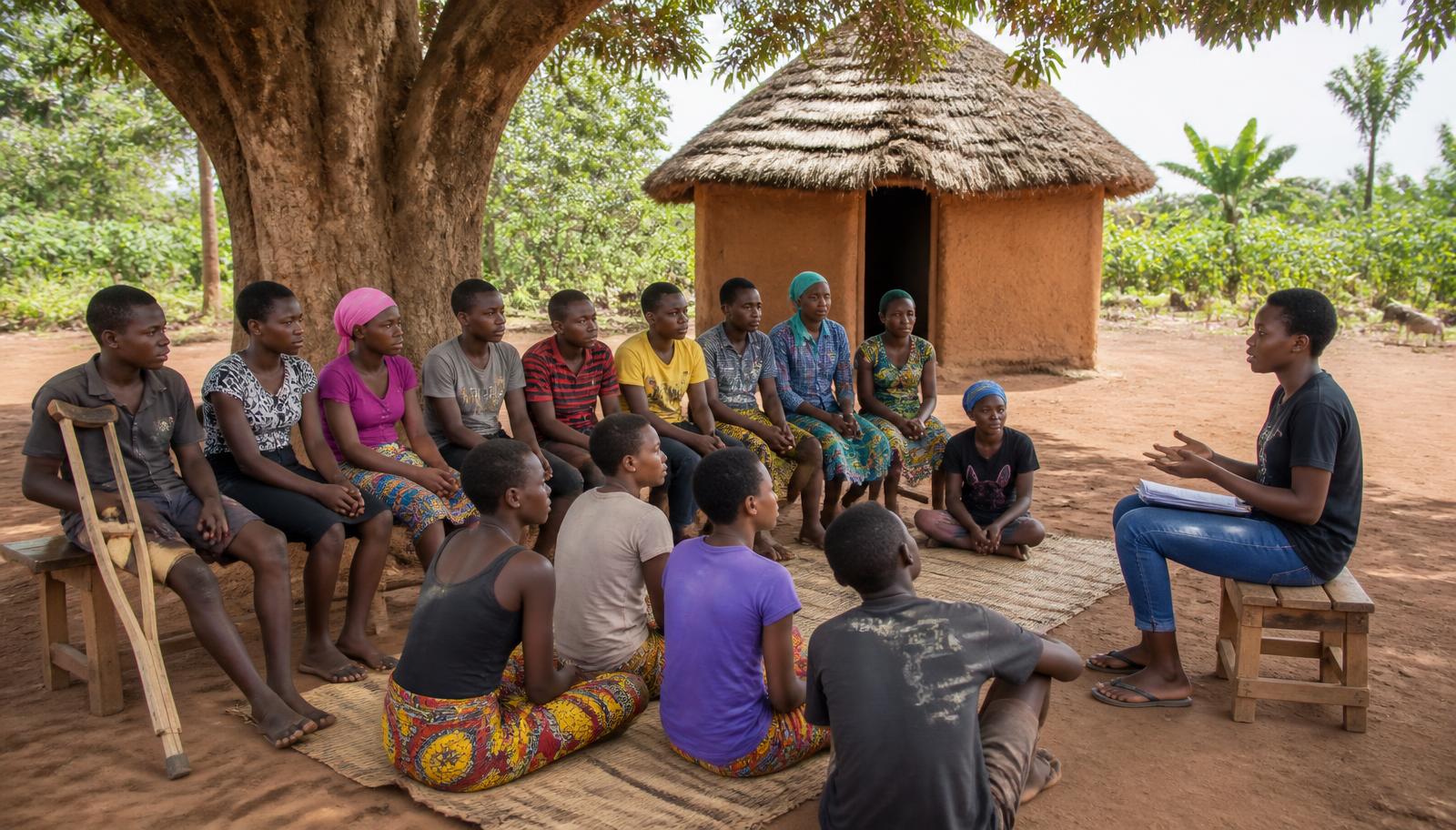 Deep rural Ugandan adolescents gathered under a mango tree listening to a young peer facilitator